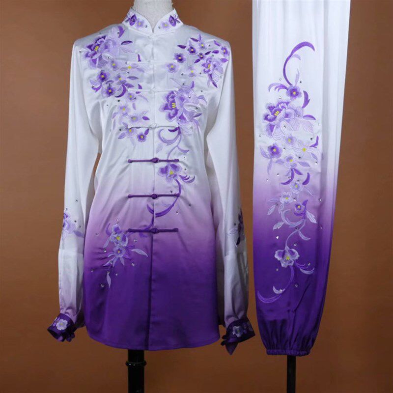 迎春新款渐变色太极服刺绣v花武术服女团体演出比赛服表演服订制