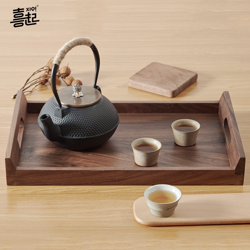 黑胡桃木实木托盘长方形木盘餐厅酒店F咖啡店水杯托盘把手木质茶