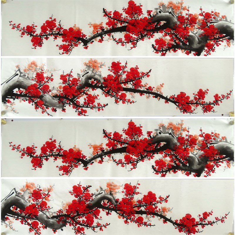 条幅装饰国画字画纯手绘花鸟画四尺对开梅花梅开五福AR3091Y701-3