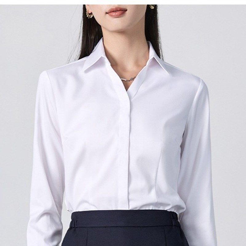 女士职业衬衫竹纤维V领暗扣白色衬衣商务气质S工装衬衣上班面试