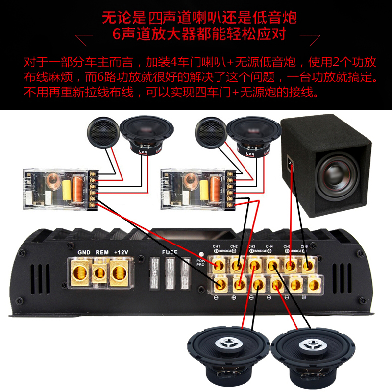 6路汽车功放六声道车载放大器5.1路功放可带低音炮中音3分频6进6