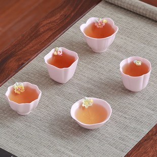 手工捏花粉色主人杯家用陶瓷女士品茗杯功夫茶具泡茶杯子单杯茶碗