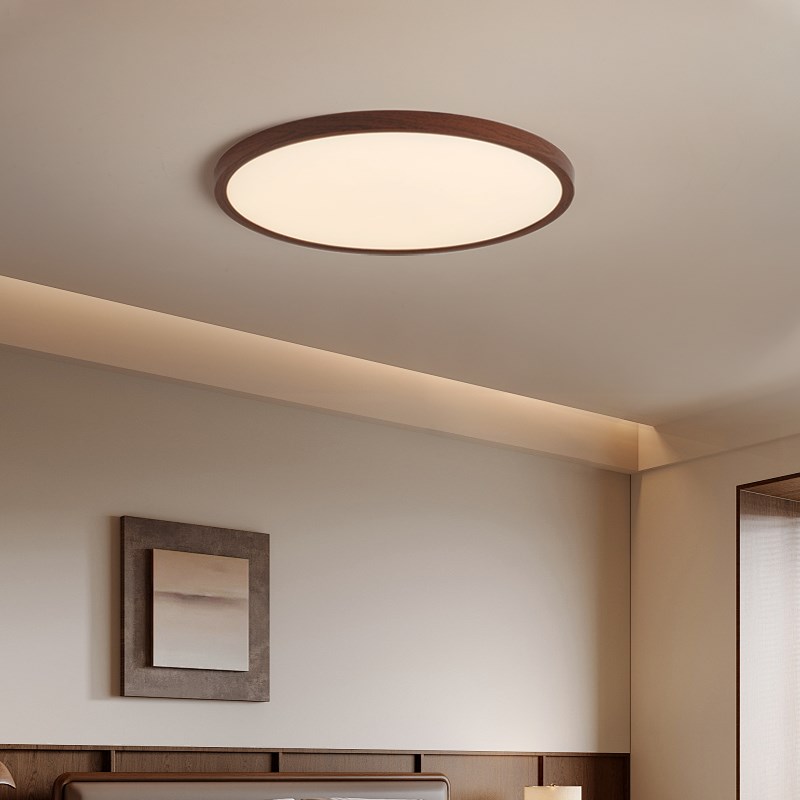 铭琢灯饰超薄胡桃木色卧室灯吸顶灯中古原木风格现代简约阳台灯具