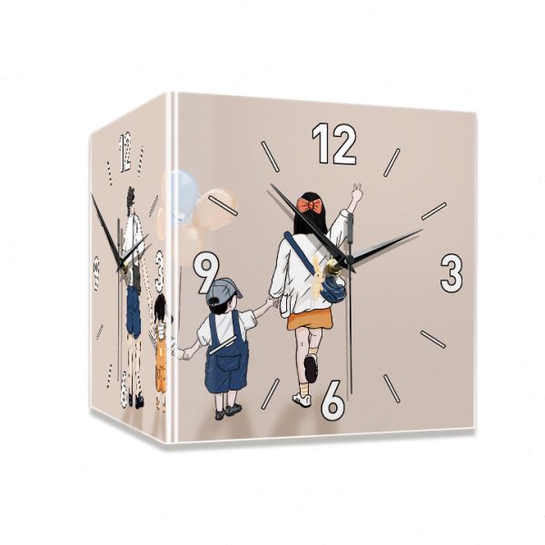 一家四口客厅转角双面挂钟免打孔静音创意时钟壁灯画拐角发光钟表