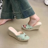 女草编坡跟拖鞋 9cm夏季 外I穿2025新款 小个子厚底凉鞋 高跟一字拖鞋