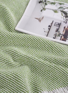 现代简约绿色条纹搭m巾床尾毯沙发床上装饰毯酒店样板间售楼部软