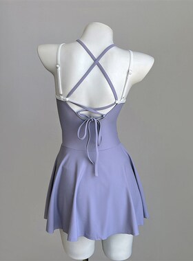 连体泳衣女显身材小胸防走光平A角裙裤洋气紫色运动风保守游泳装