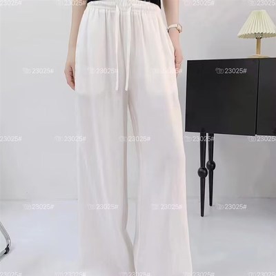 单弦23025夏百m搭松紧腰系带遮肉显瘦直筒阔腿裤苎麻轻薄休闲长裤