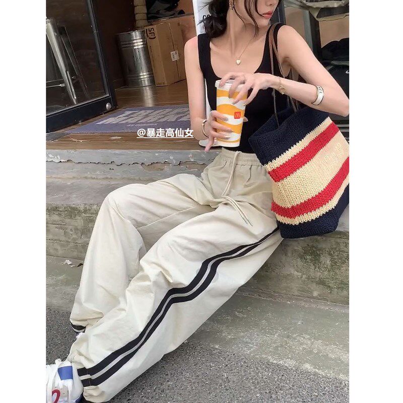 175高个子加长美式显瘦运动裤女设计感直L筒百搭阔腿休闲拖地长裤
