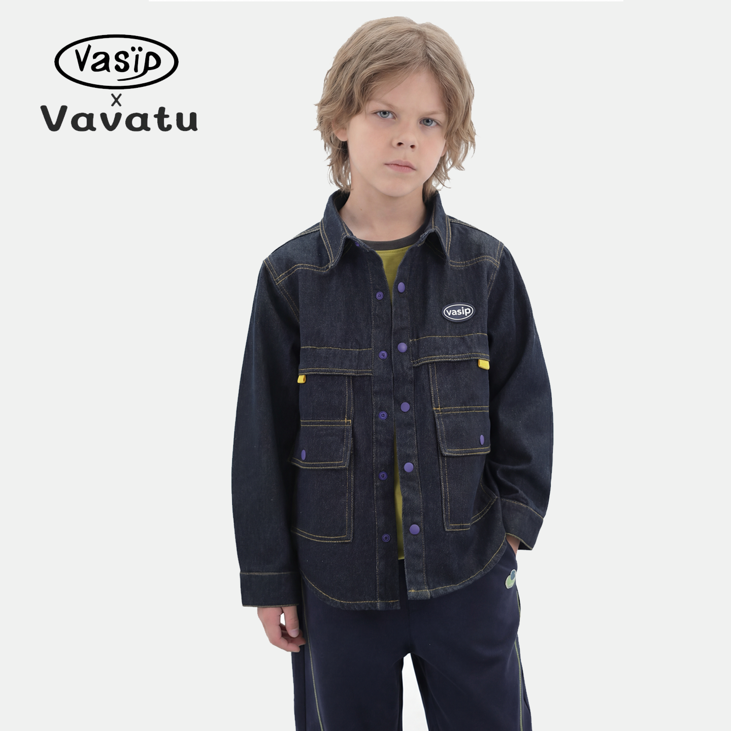 vava_vasip男女童春新品小翻领拼接儿童原色牛仔外套休闲外套潮