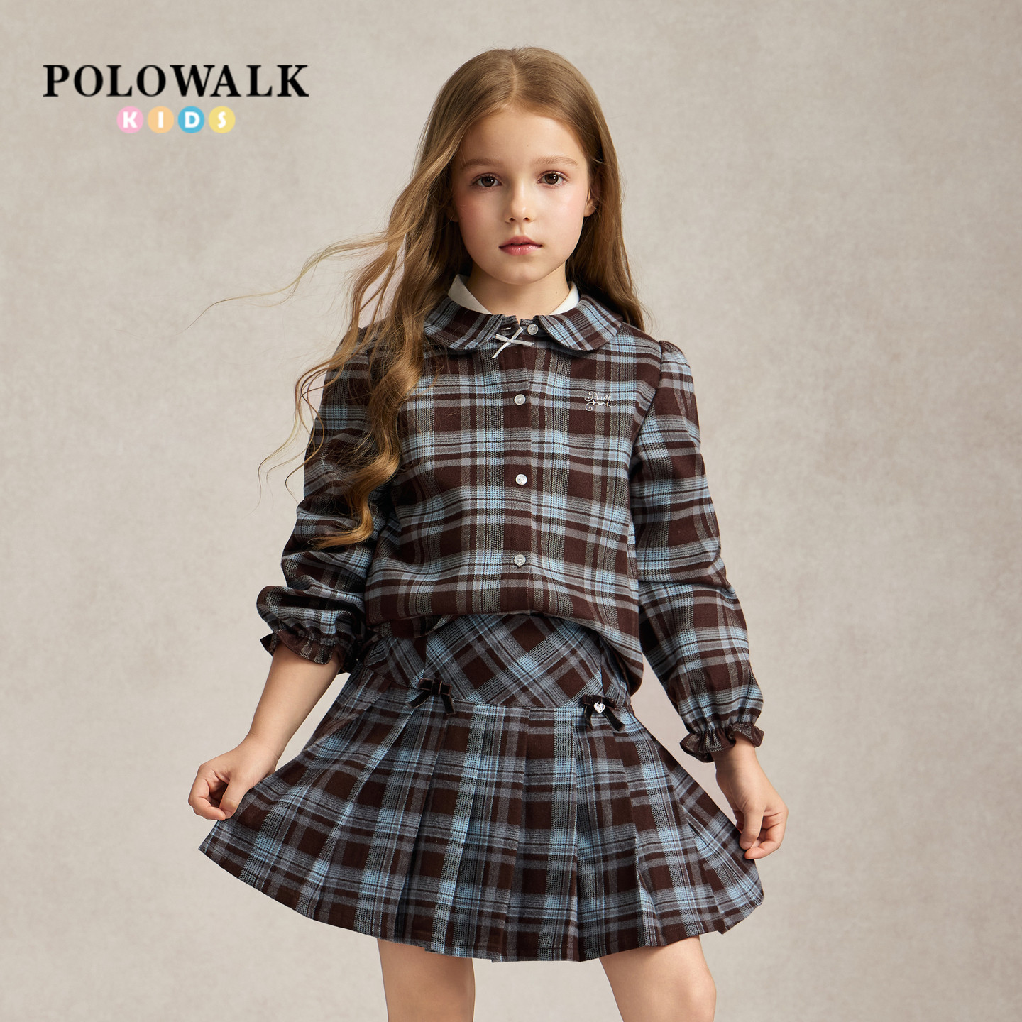 POLOWALK女童衬衫2026早秋新品娃娃领格纹长袖花苞袖口复古衬衣