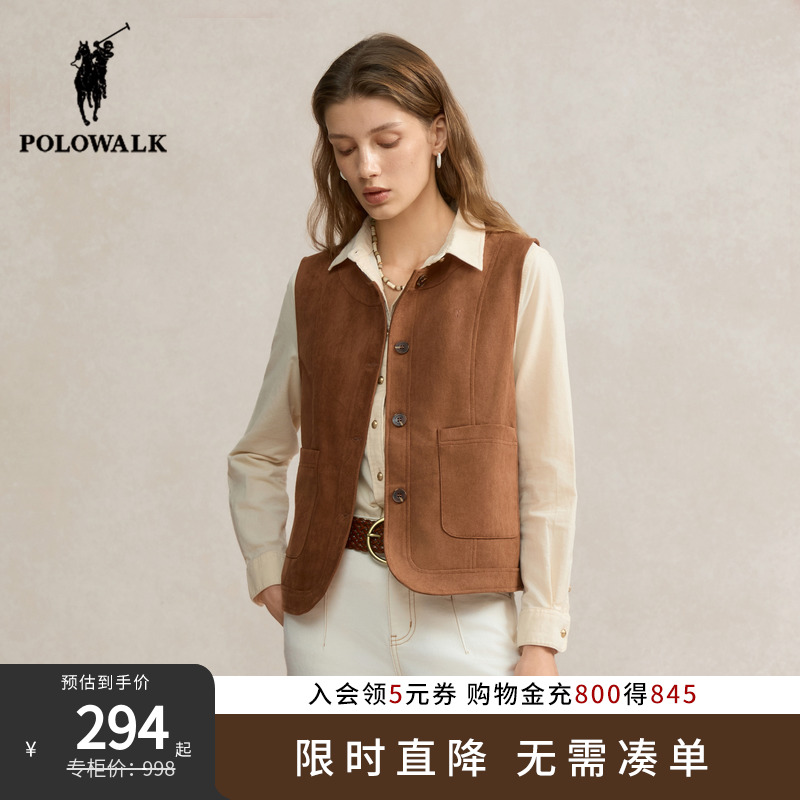POLOWALK女式马甲2025秋季新品复古老钱风圆领休闲无袖女装上衣