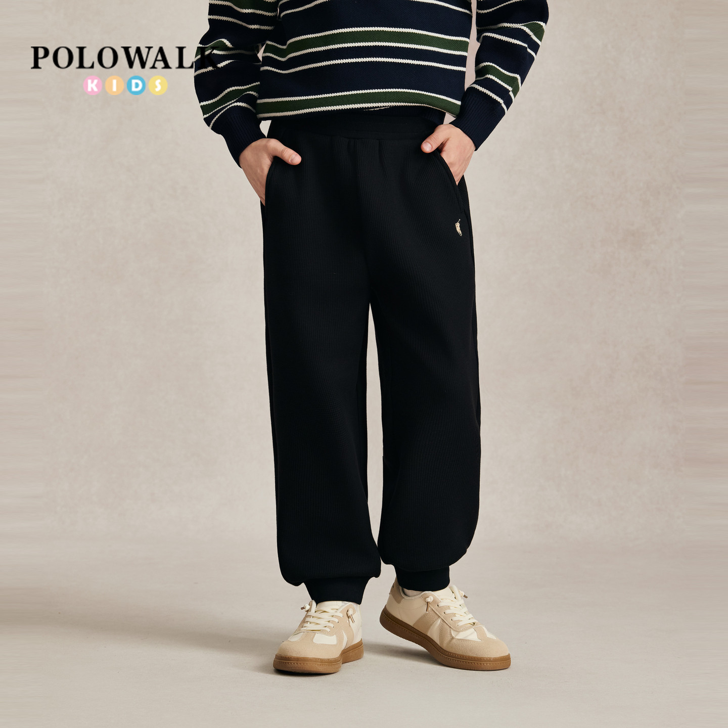 POLOWALK奥莱童装秋冬新品男童黑色松紧腰束脚卫裤休闲运动裤长裤