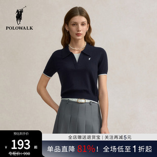 针织上衣 POLOWALK撞色V领polo衫 女2025秋新款 时尚 休闲通勤短袖