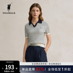 POLOWALK条纹短袖 polo领女2025秋新款 通勤气质上衣薄款 针织衫