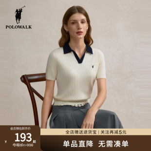 POLOWALK撞色翻领针织衫 通勤百搭T恤绞花polo领上衣女 2025秋新款