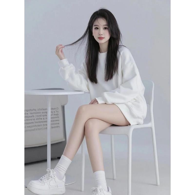 新品白色圆领重磅卫衣女2026新款韩系漂亮中长款宽松休闲气质纯色