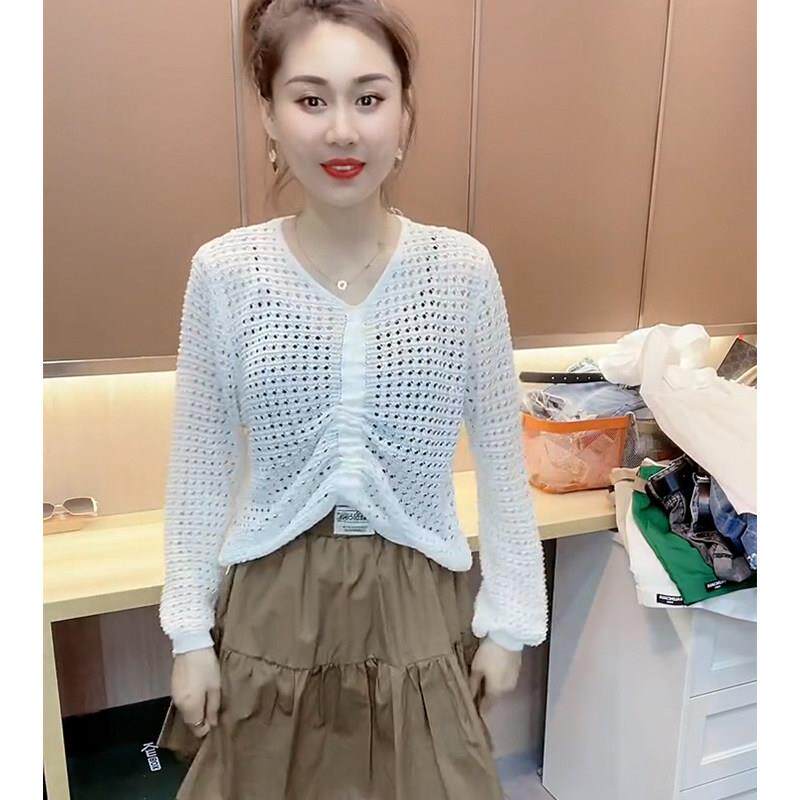 新品镂空针织衫女早秋薄款欧货网状小衫冰丝抽绳防晒罩衫外搭长袖