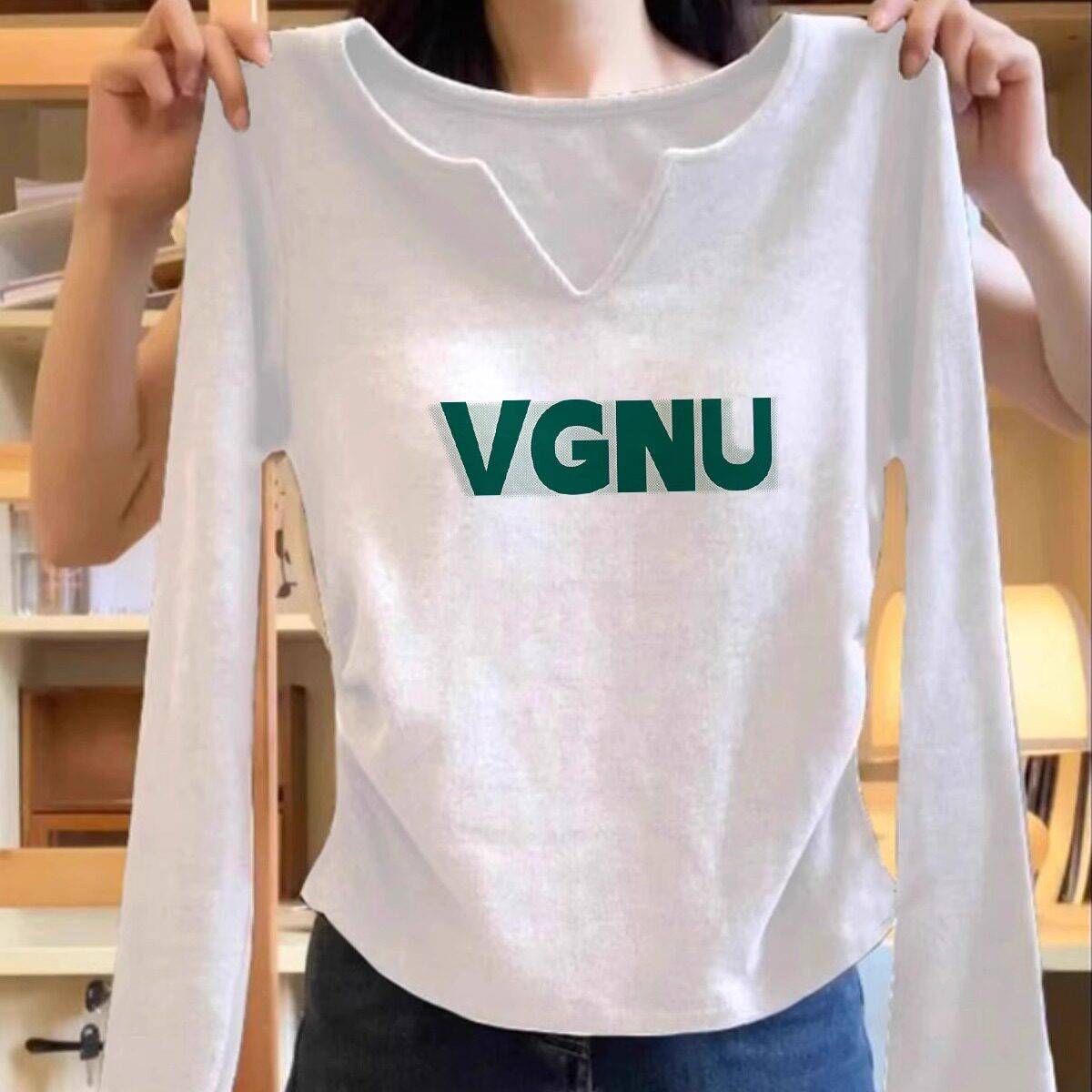 新品白色纯棉v领长袖T恤女2026新款百搭修身基础款内搭打底衫辣妹