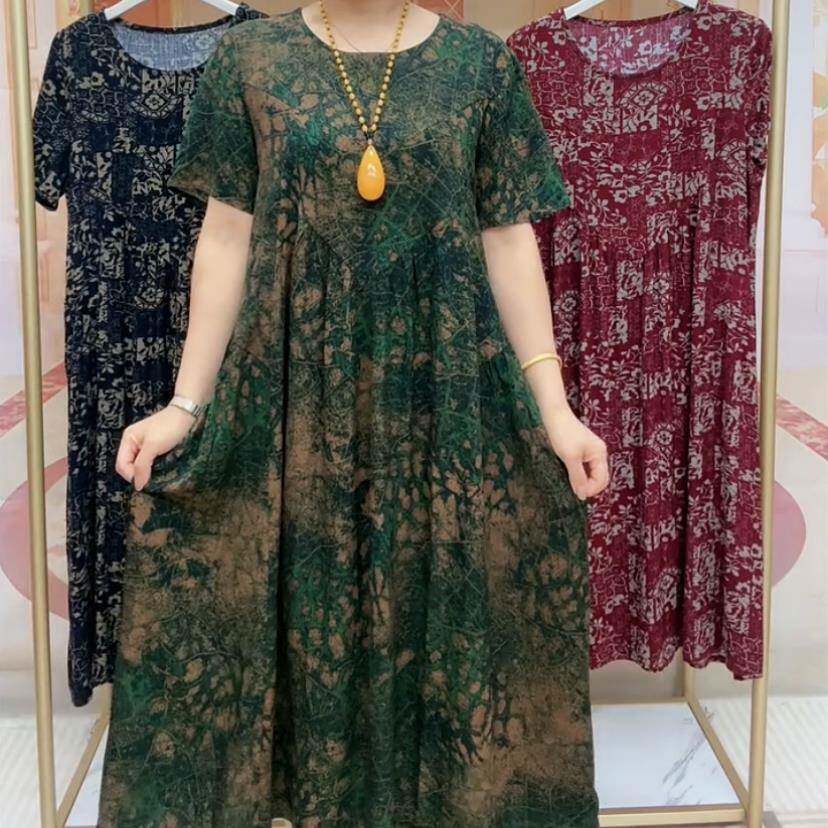 新品时尚休闲复古龟裂纹双兜圆领中长款连衣裙女新款大码中老年女