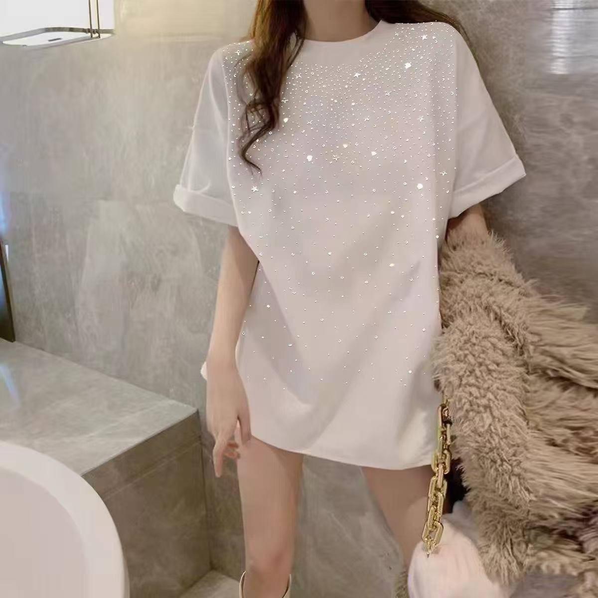 新品重工烫钻亮闪闪满天星短袖T恤女黑色大码宽松遮肉上衣中长款图片