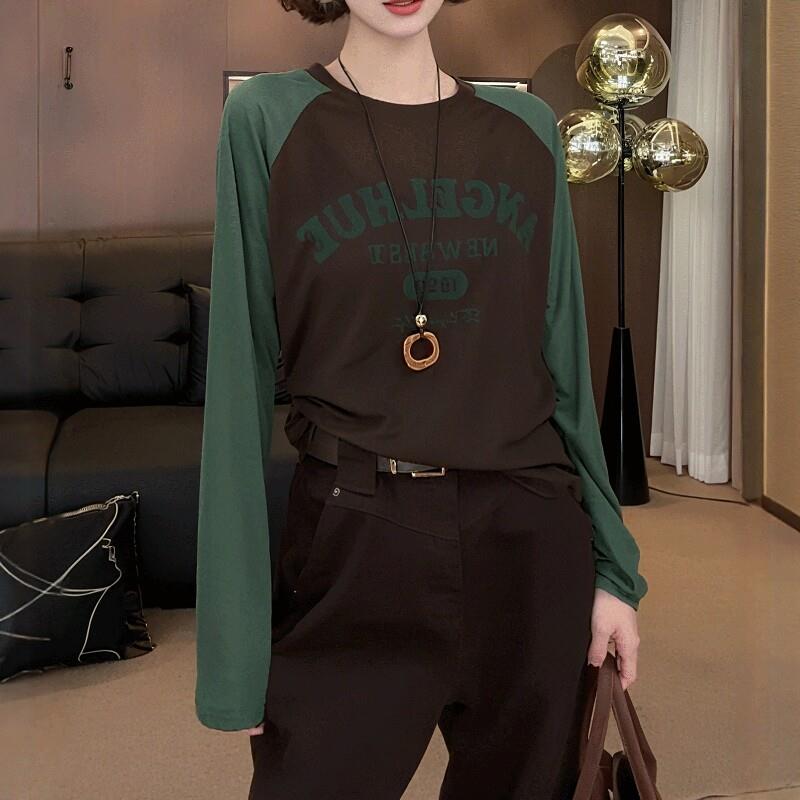 新品纯棉插肩印花长袖t恤女2026新款早秋大码胖MM显瘦宽松上衣打