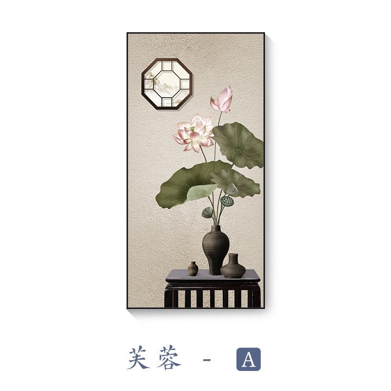 荷花过道玄关装饰画新中式楼梯走廊艺术挂画茶室竖版水墨禅意壁画图片