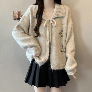 新品巨好看刺绣蓝色毛衣外套女春秋冬大码胖mm慵懒高级感针织开衫