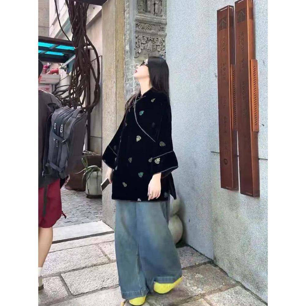 新品禅意风时尚气质套装女秋季新款斜襟立领丝绒上衣+高腰阔腿裤