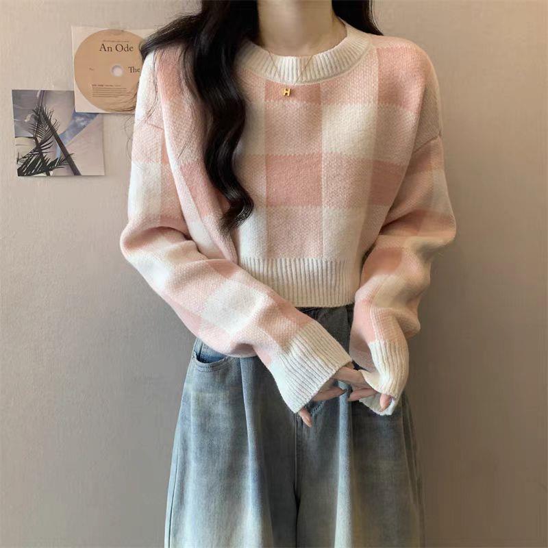 新品温柔系格子短款套头打底毛衣女秋冬季新款内搭针织衫宽松圆领