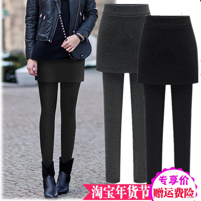 新品大码春秋加绒打底裤女外穿胖mm200斤修身显瘦假两件带裙一体