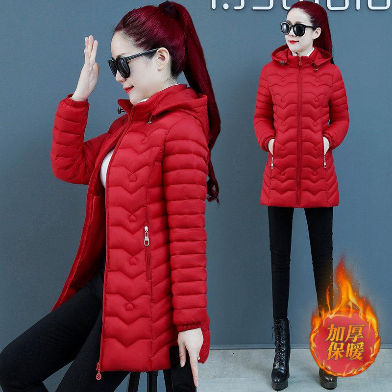 新品反季冬季修身时尚羽绒棉服女中长款轻薄款加厚棉衣收腰妈妈棉