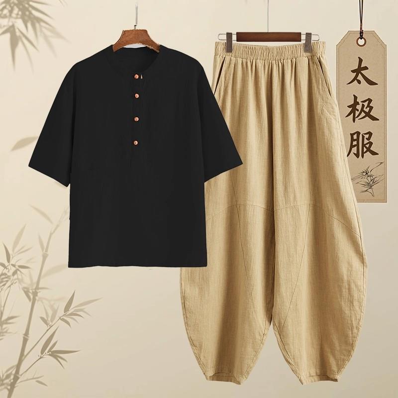新品新中式禅意休闲居士服套装佛系打坐盘扣棉麻灯笼裤宽松棉麻太