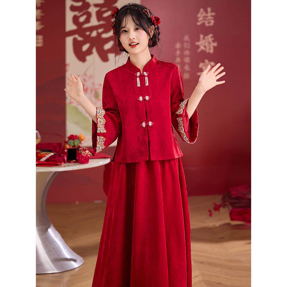 新品新中式汉服改良唐制出阁礼服套装国风新娘刺绣秀禾服婚礼敬酒