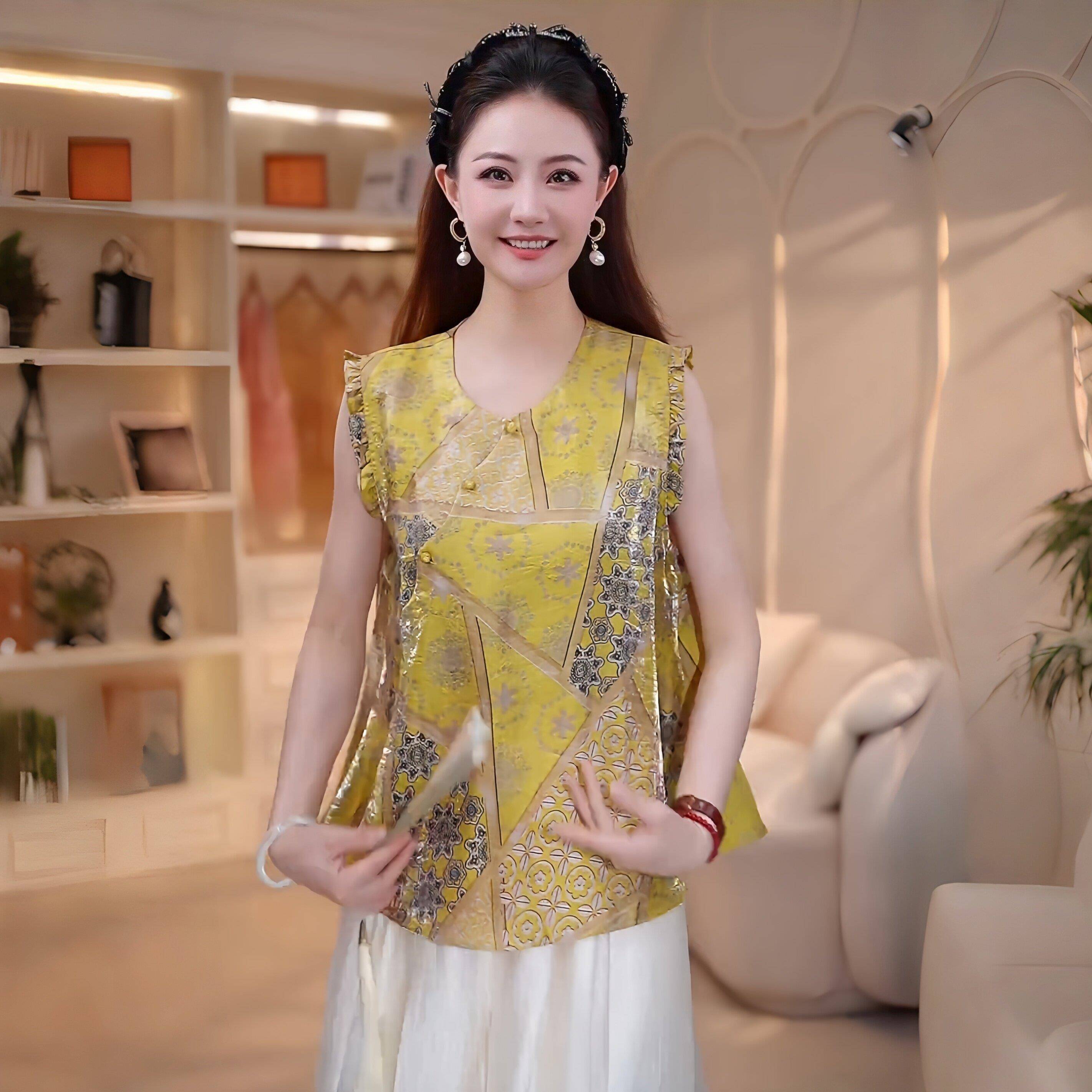 新品绝美印花拼接无袖小衫木耳边拼接荷叶边娃娃衫2026年宽松遮肉