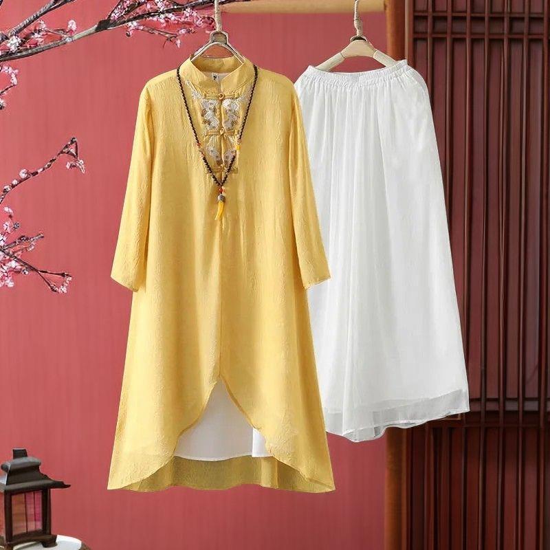 新品中国风复古禅意茶服两件套女式中长款盘扣雪纺刺绣衫阔腿长裤