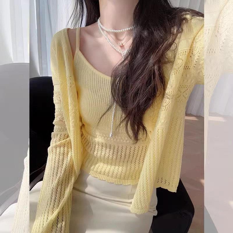新品鹅黄色防晒针织开衫女春秋薄款外套配裙子外搭罩衫吊带两件套