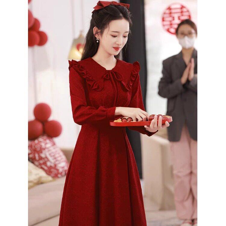新品高级感红色收腰显瘦年轻款敬酒服春秋季女新娘日常可穿连衣裙