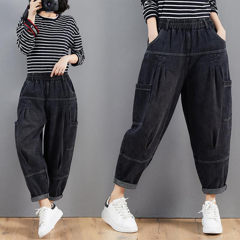 新品韩版大码女装牛仔垮裤子秋冬新品宽松磨白吊裆高腰显瘦休闲哈