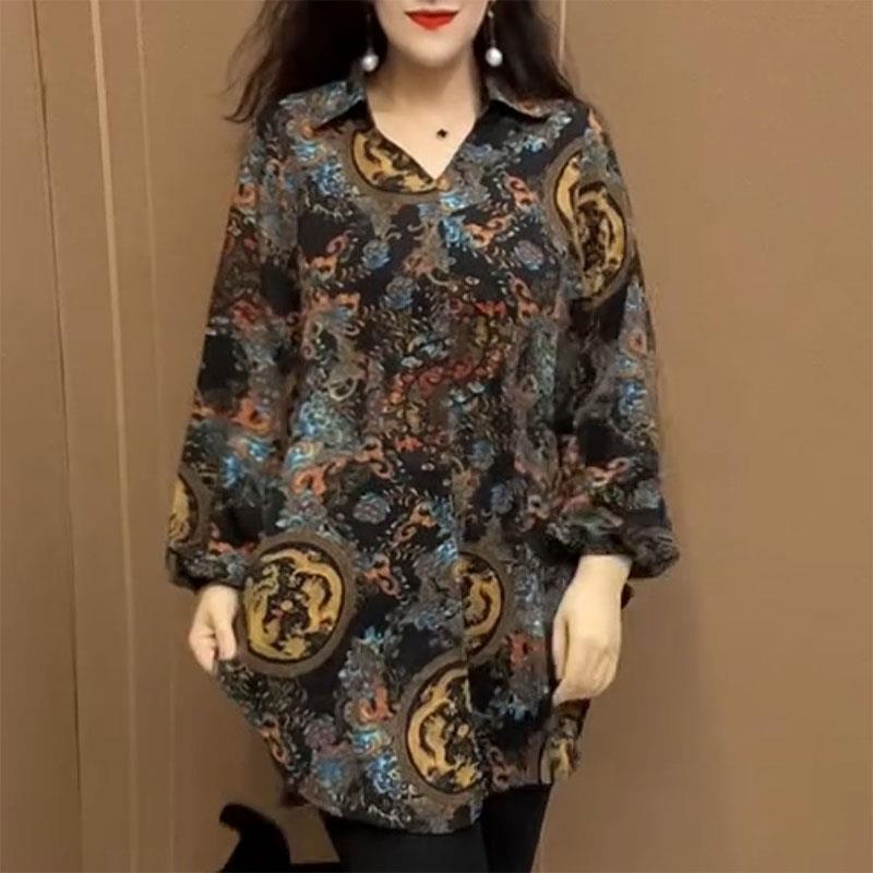 新品2026春季新款时尚花色中长款衬衫女气质宽松休闲遮肉大版衫妈
