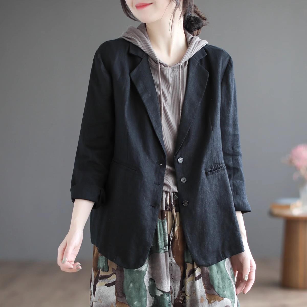 新品2026春秋薄款文艺棉麻西装短外套女日系休闲亚麻西服长袖上衣