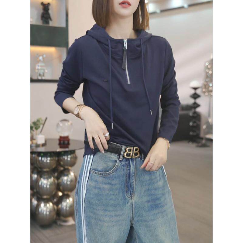 新品白色半拉链连帽长袖卫衣女2025秋季新款宽松百搭打底套头正肩