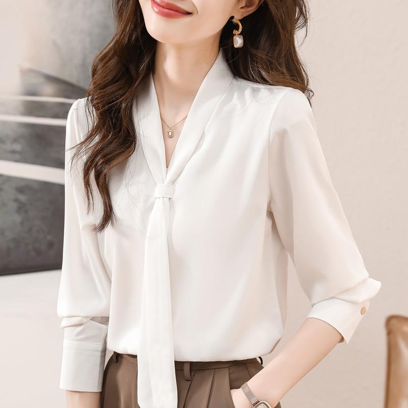 新品职业通勤蓝色飘带缎面