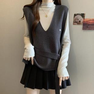 新品高级感V领针织马甲背心女秋季大码胖mm收腰叠穿无袖毛衣坎肩