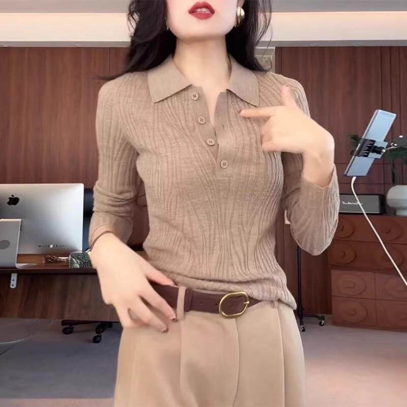 新品韩版百搭Polo领长袖针织衫女秋2026大码胖mm坑条显瘦气质打底