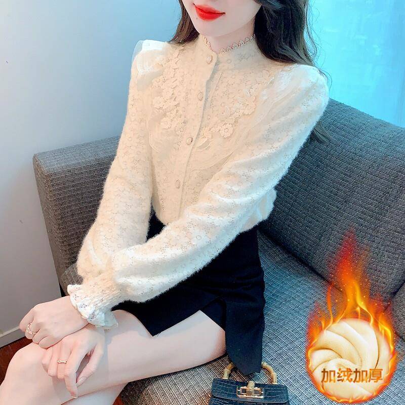 新品加绒加厚蕾丝打底衬衫女士春秋2026爆款法式高档长袖上衣减龄