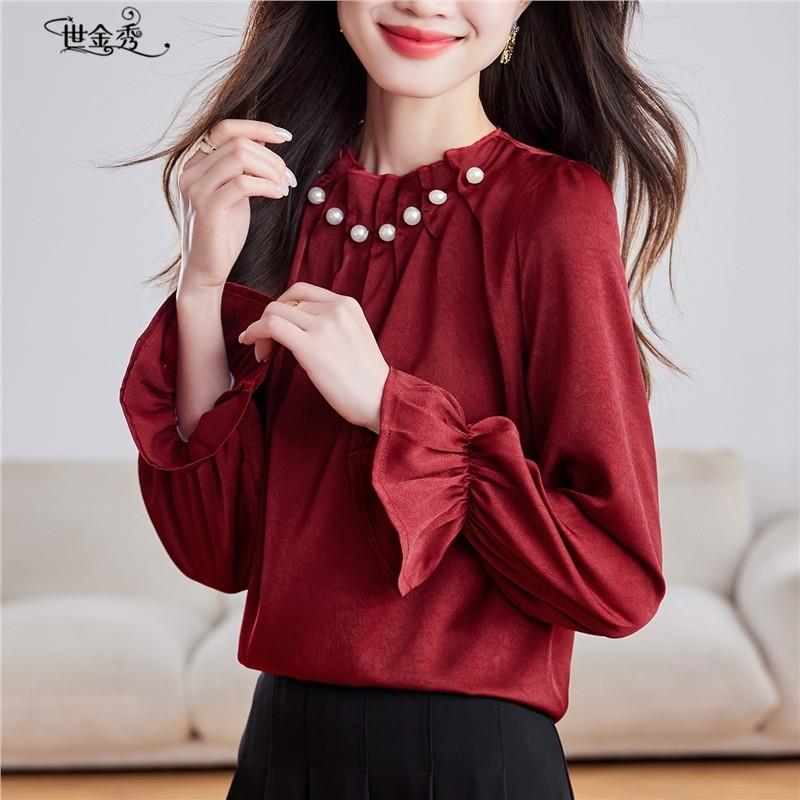 新品设计感时尚钉珠长袖缎