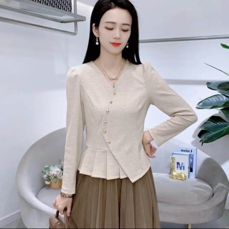 新品小个子时尚长袖衬衫女士春秋新款洋气v领小衫荷叶边短款减龄