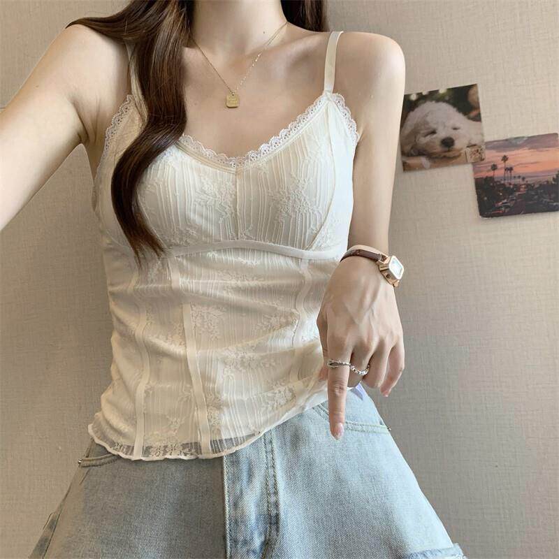 极速绝美漂亮鱼骨蕾丝美背吊带背心女早秋大码胖mm带胸垫内搭外穿