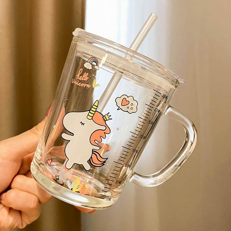 外观精致!儿童带刻度杯子吸管玻璃杯家用早餐杯带盖牛奶杯喝水杯